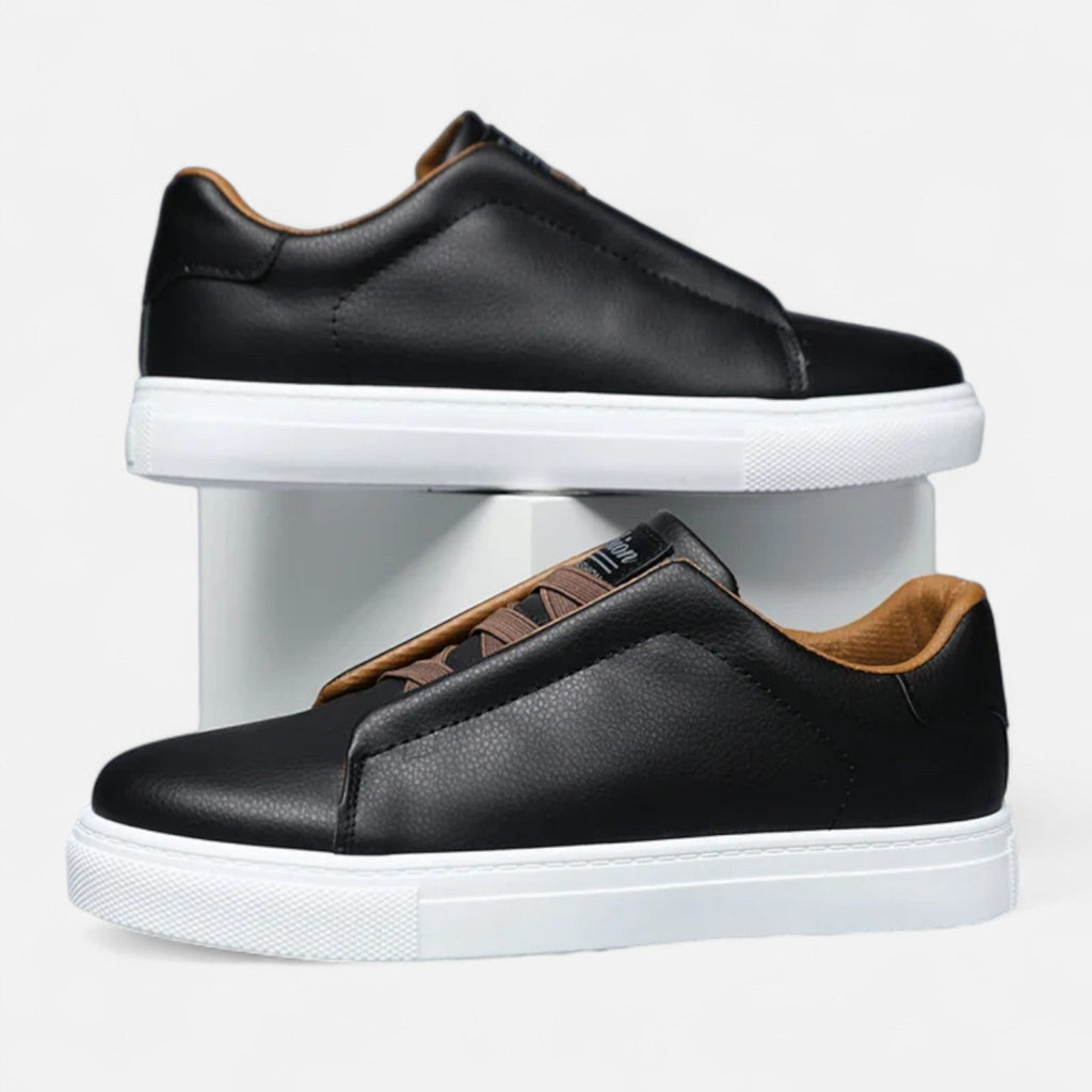 Men's low-top lace-up sneakers with panelled upper and flat white sole