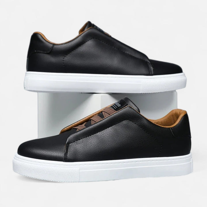 Men's low-top lace-up sneakers with panelled upper and flat white sole