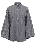 Women's checked shirt with open collar and long puff sleeves