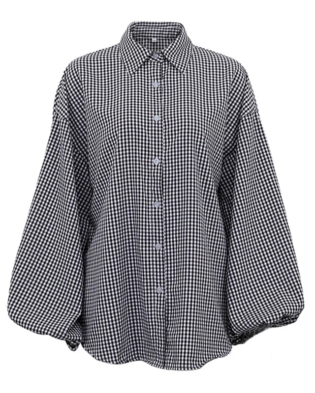 Women's checked shirt with open collar and long puff sleeves