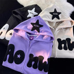 Women's hooded zip-up hoodie with contrasting star appliqué, lettering and front pouch pocket
