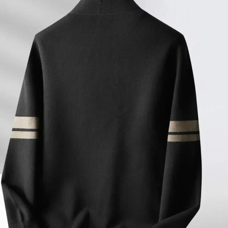 Men's striped knit cardigan with button front, long sleeves and patch pockets