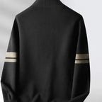 Men's striped knit cardigan with button front, long sleeves and patch pockets