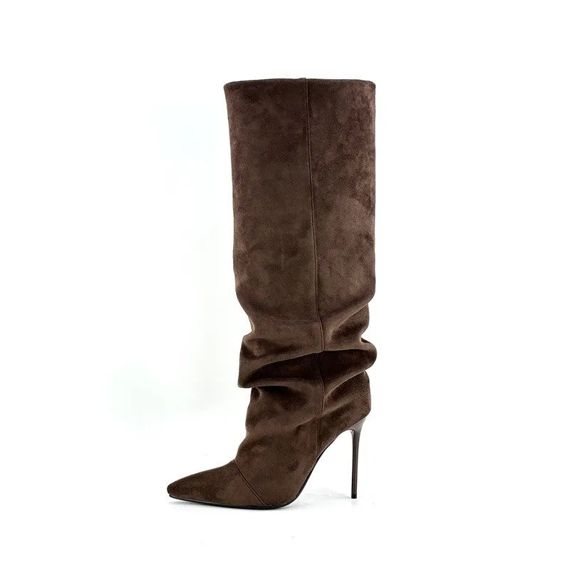 Women's slouch knee-high boots with pointed toes and stiletto heels