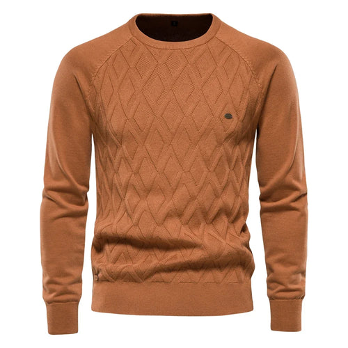Men's argyle knit crew neck sweater with long sleeves and ribbed trims