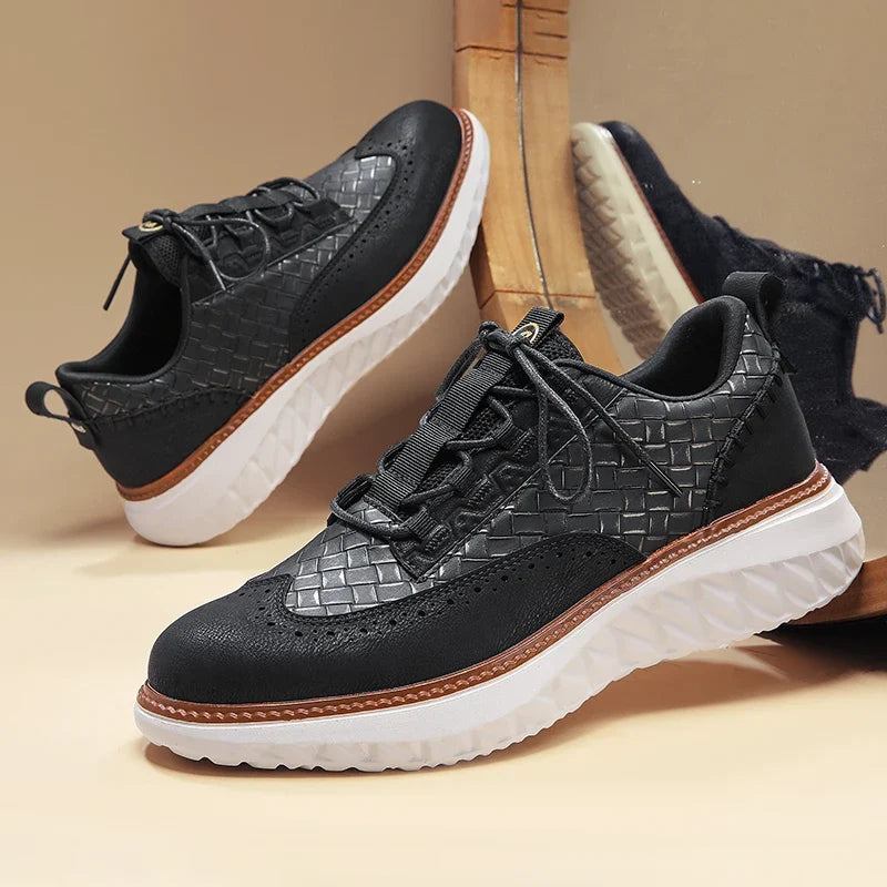 Textured lace-up sneakers with rounded toe and contrast sole trim