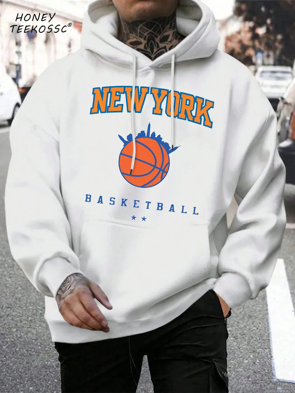 Men's long-sleeve graphic hoodie with drawstring hood and kangaroo pocket