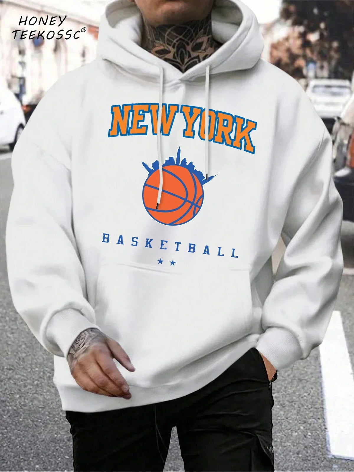 Men's long-sleeve graphic hoodie with drawstring hood and kangaroo pocket