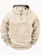 Men's solid hooded zip hoodie with drawstrings, long sleeves and front pouch pocket