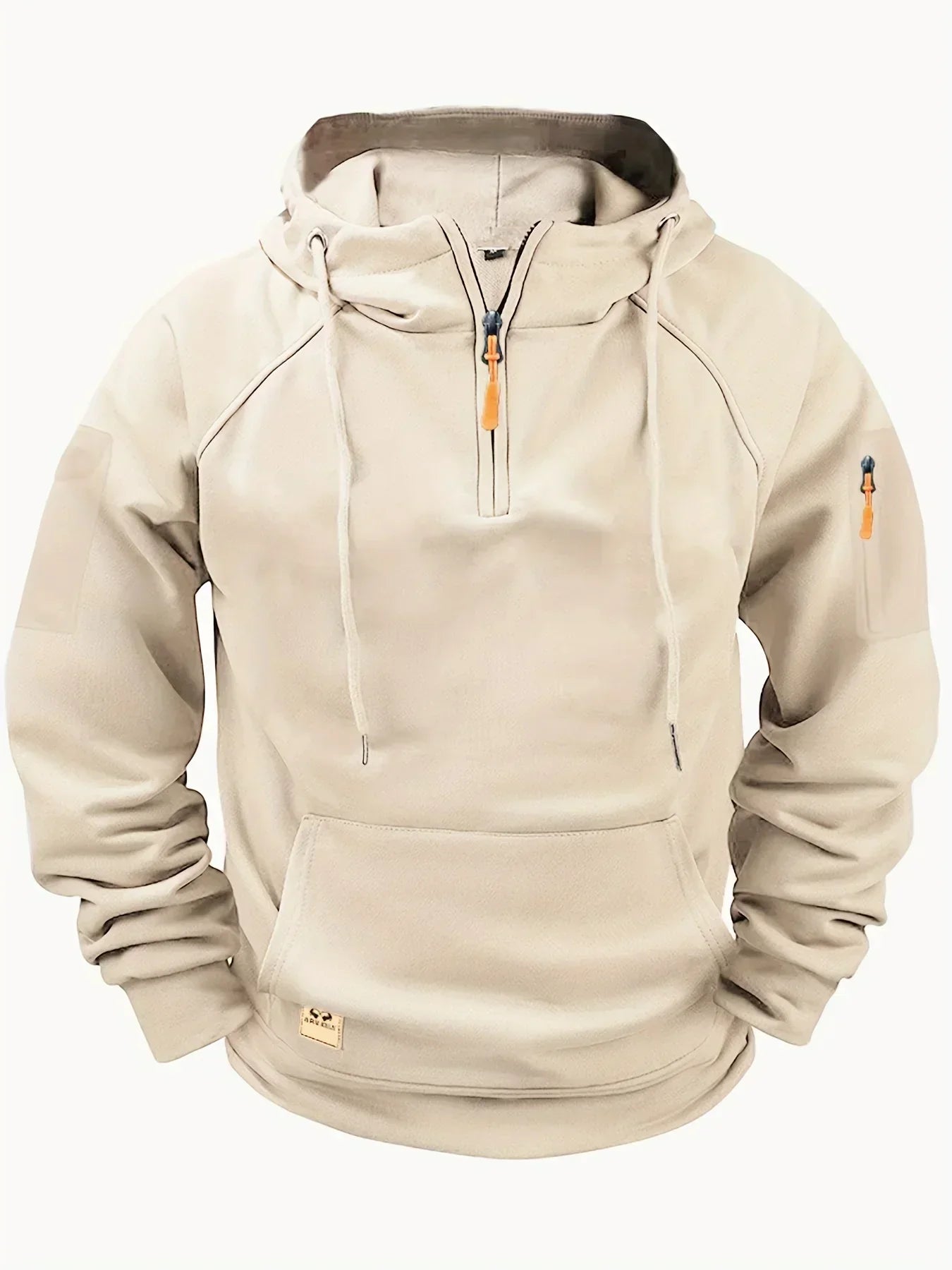 Men's solid hooded zip hoodie with drawstrings, long sleeves and front pouch pocket