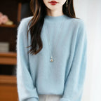 Women's fuzzy crew neck sweater with long sleeves