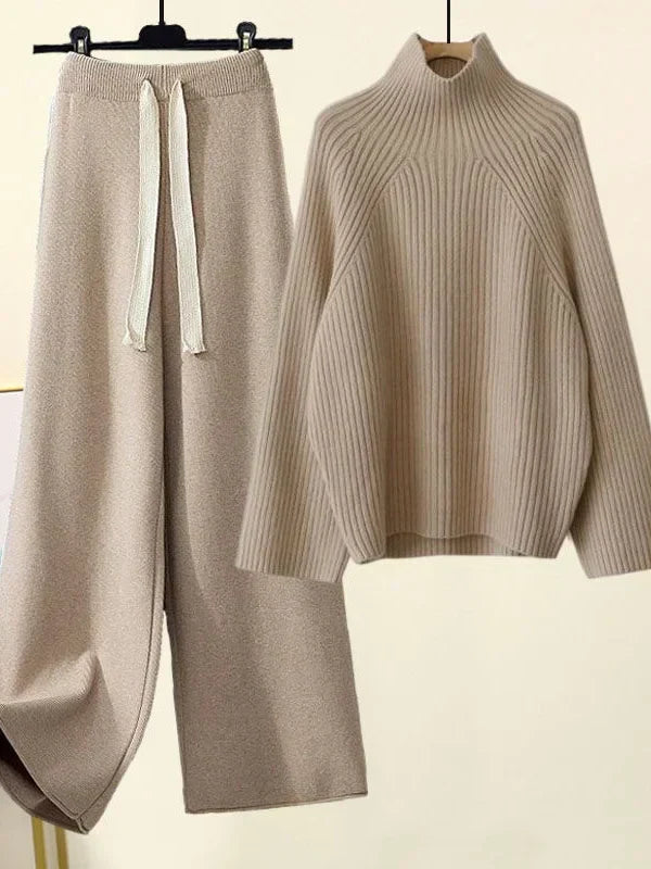 Women's ribbed knit set with turtleneck sweater and wide-leg trousers