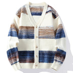 Striped men's V-neck cardigan with button front and long sleeves