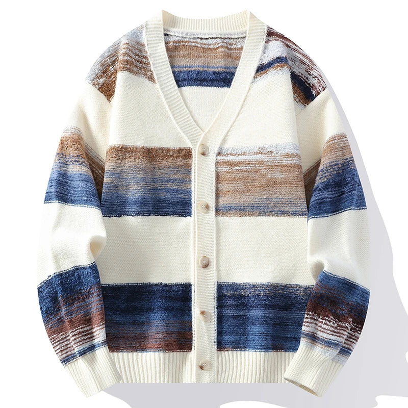 Striped men's V-neck cardigan with button front and long sleeves