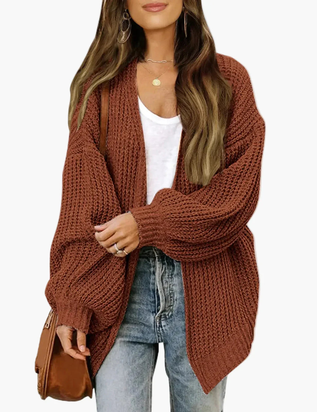 Women's oversized open front knit cardigan with long sleeves