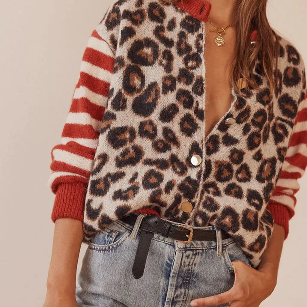 Women's leopard pattern cardigan with long sleeves and button front