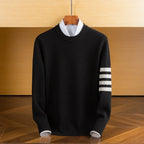 Men's crew neck sweater with contrasting striped sleeve detail