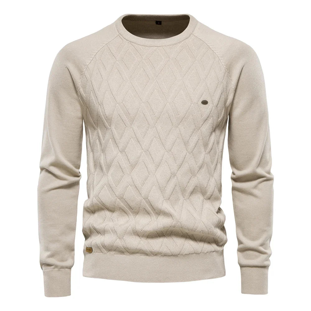 Men's argyle knit crew neck sweater with long sleeves and ribbed trims