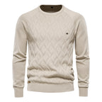 Men's argyle knit crew neck sweater with long sleeves and ribbed trims