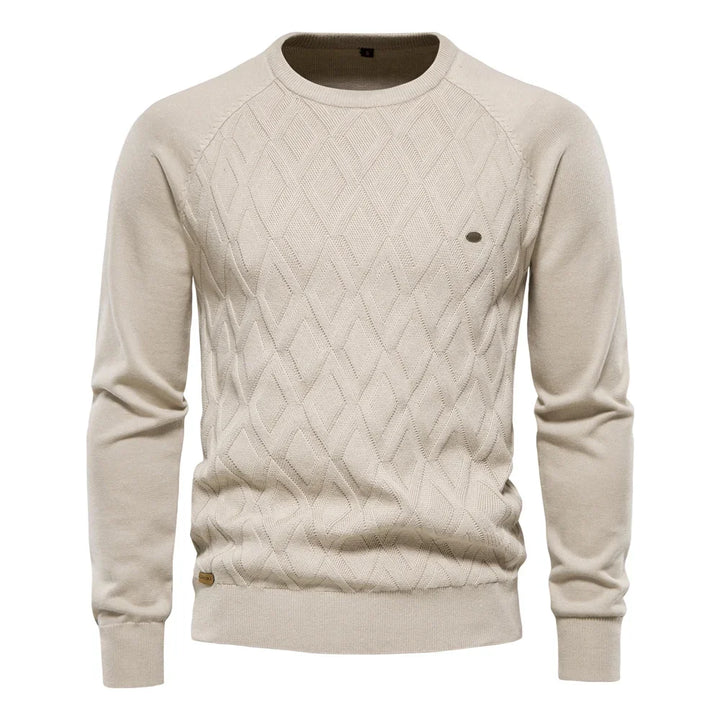 Men's argyle knit crew neck sweater with long sleeves and ribbed trims