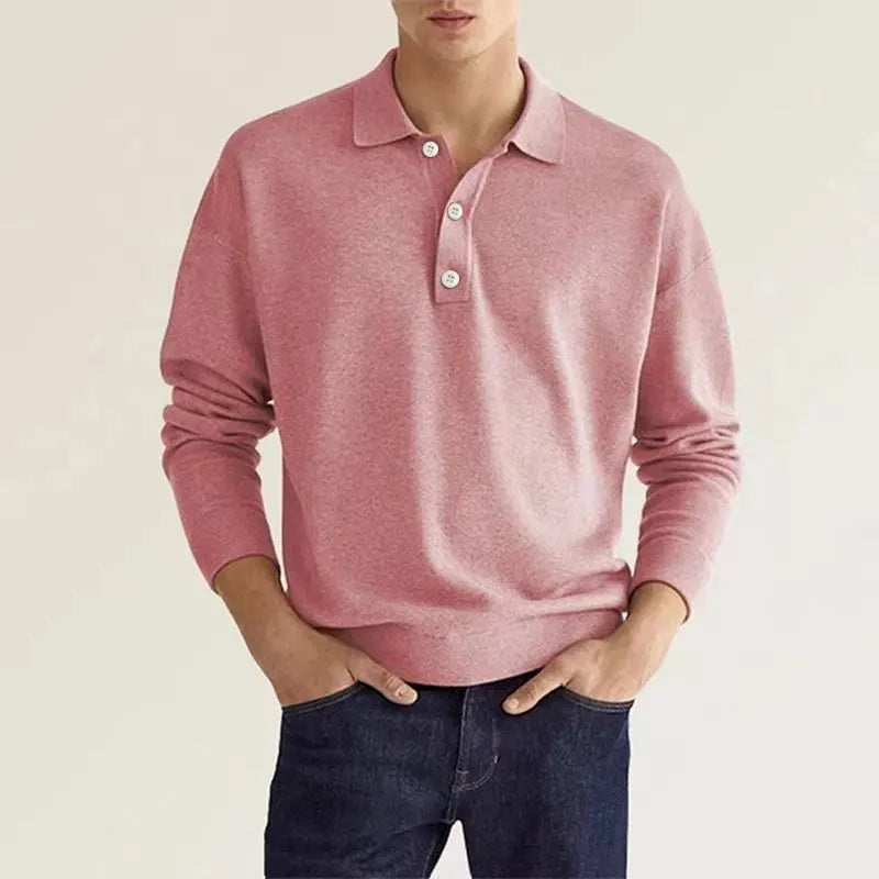 Men's long sleeve knitted polo shirt with collared neckline and button placket