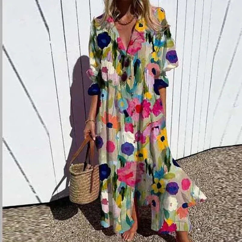Women's multicolor floral V-neck maxi dress with three-quarter sleeves