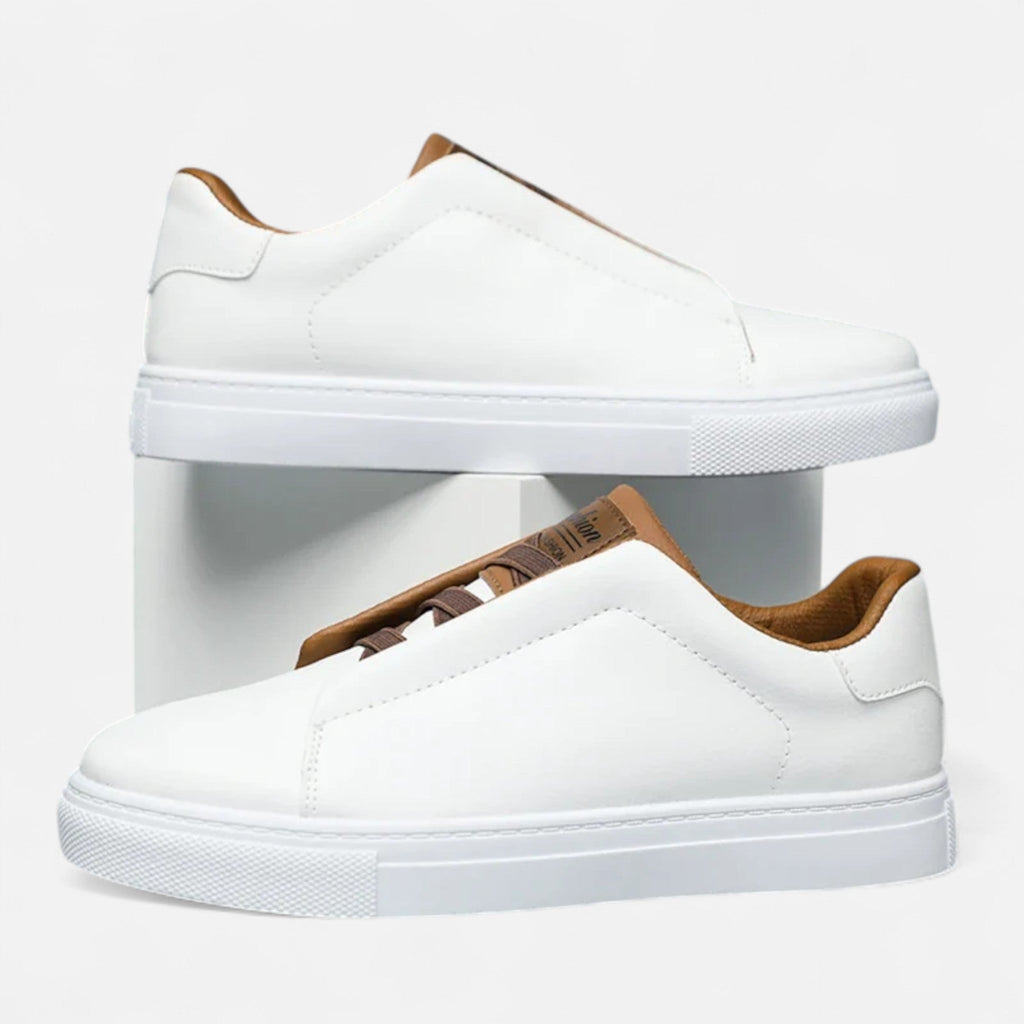 Men's low-top lace-up sneakers with panelled upper and flat white sole