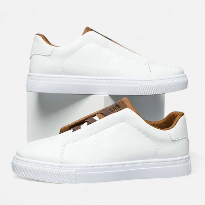 Men's low-top lace-up sneakers with panelled upper and flat white sole