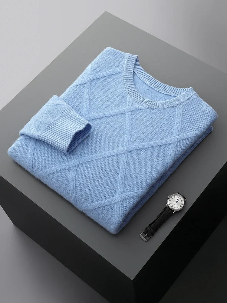 Long-sleeve diamond pattern crew neck sweater with ribbed trims