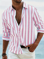Men's vertical striped shirt with collar and rolled long sleeves