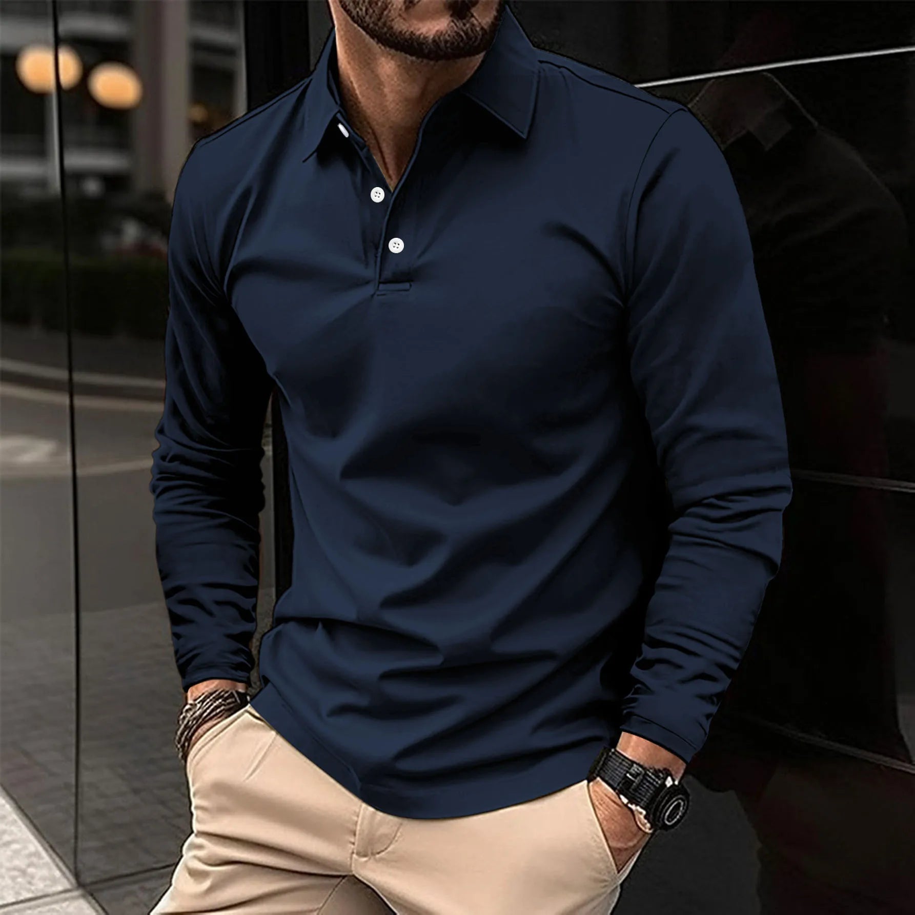 Men's long sleeve polo shirt with collar and button placket