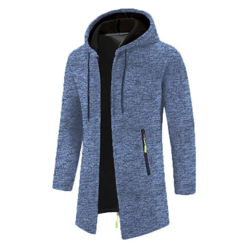 Men's long textured hooded jacket with full zip fastening and zipped pockets
