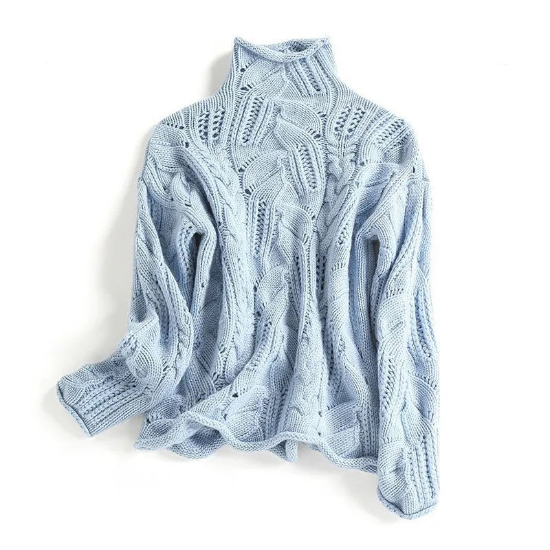 Women's textured cable knit turtleneck sweater with long sleeves