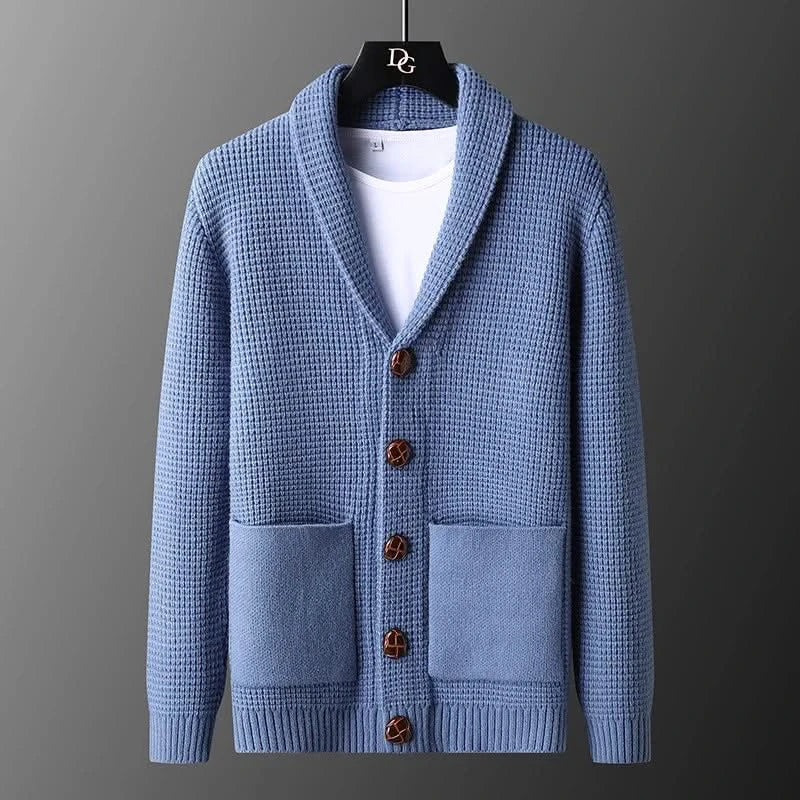 Textured knitted cardigan with shawl collar, buttons and patch pockets