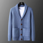 Textured knitted cardigan with shawl collar, buttons and patch pockets