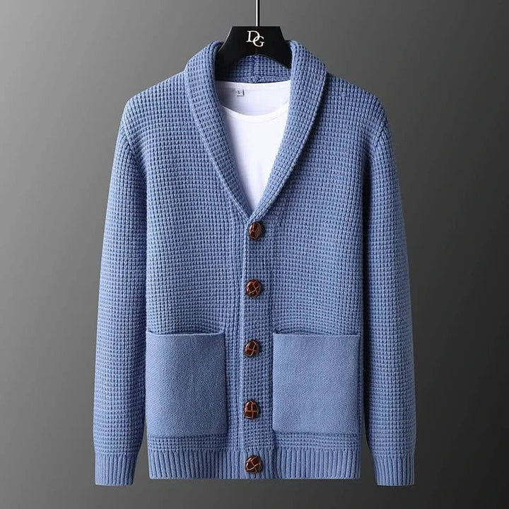 Textured knitted cardigan with shawl collar, buttons and patch pockets