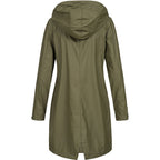 Women's hooded mid-length raincoat with long sleeves and front pockets