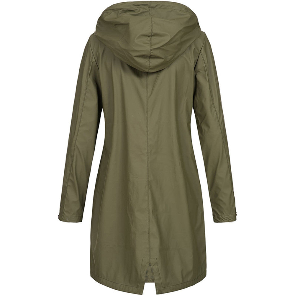 Women's hooded mid-length raincoat with long sleeves and front pockets