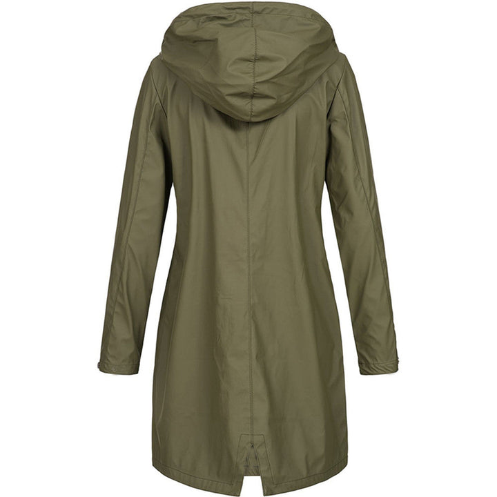 Women's hooded mid-length raincoat with long sleeves and front pockets
