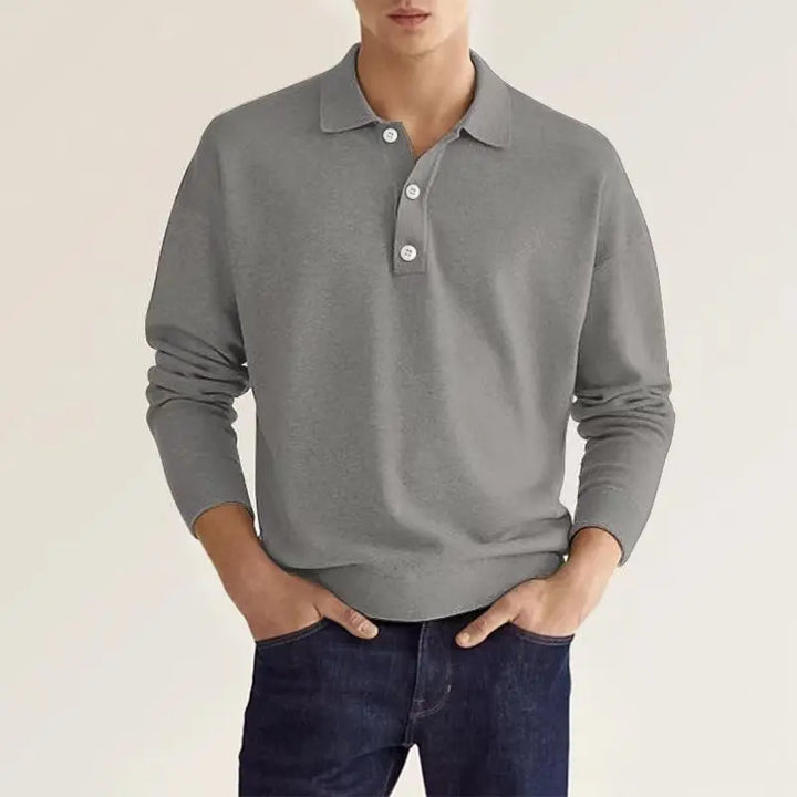 Men's long sleeve knitted polo shirt with collared neckline and button placket