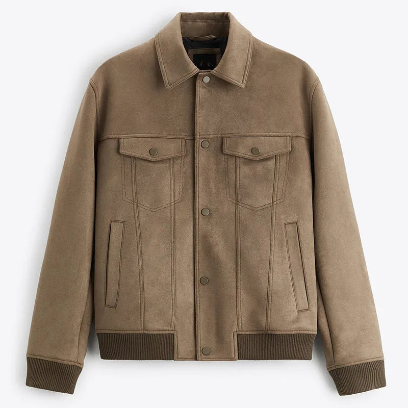 Men's trucker jacket with spread collar, snap front and utility pockets