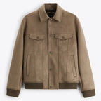 Men's trucker jacket with spread collar, snap front and utility pockets