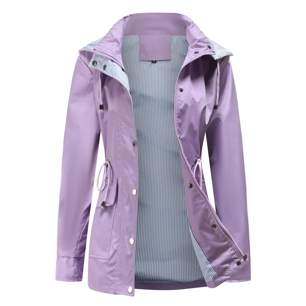 Women's hooded long-sleeved trench coat with zip front and pockets