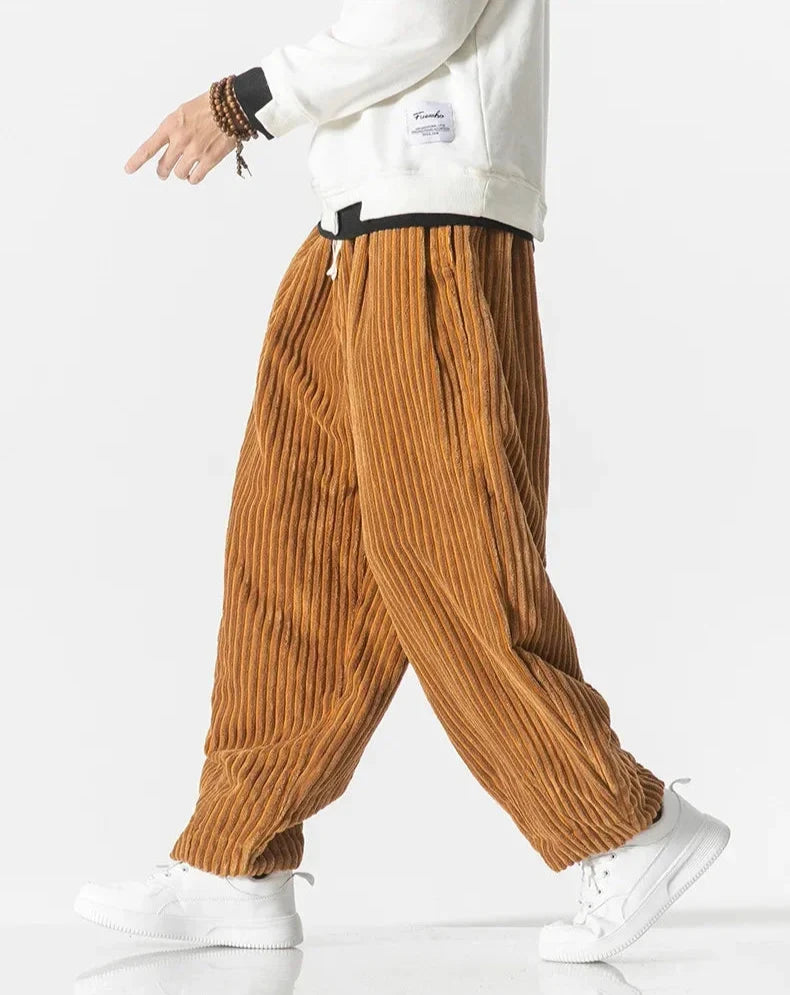 Men's wide-leg ribbed corduroy trousers with drawstring waist