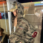 Women's brown camouflage hooded jacket with front zipper and long sleeves