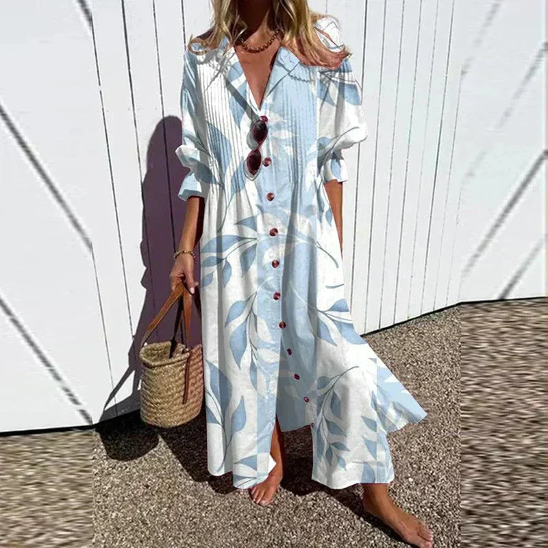 Women's multicolor floral V-neck maxi dress with three-quarter sleeves