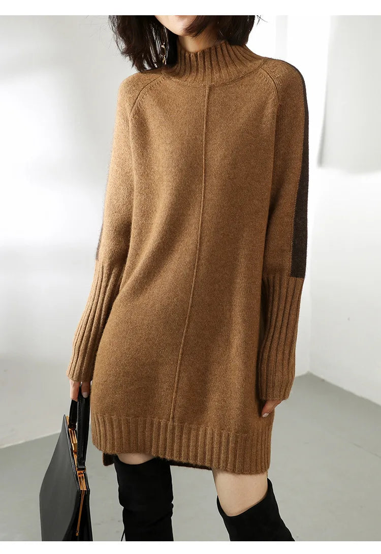Women's ribbed turtleneck sweater dress with long sleeves and mini length