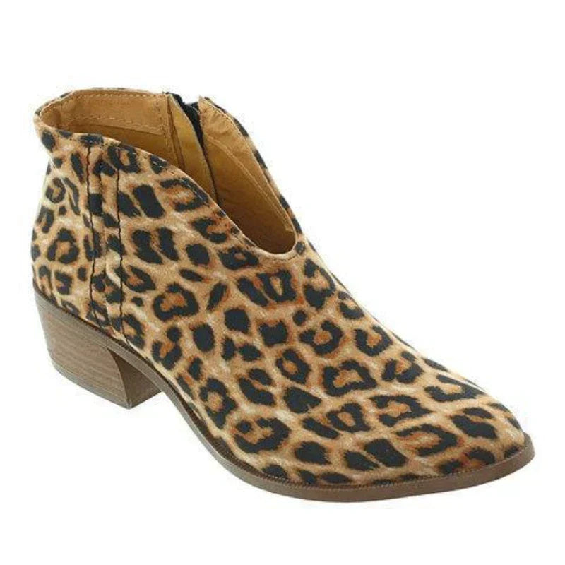 Women's leopard print ankle boots with side zipper and low block heel