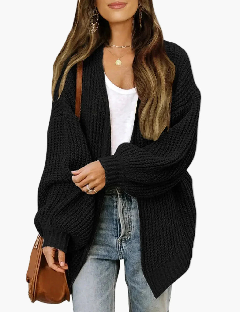 Women's oversized open front knit cardigan with long sleeves
