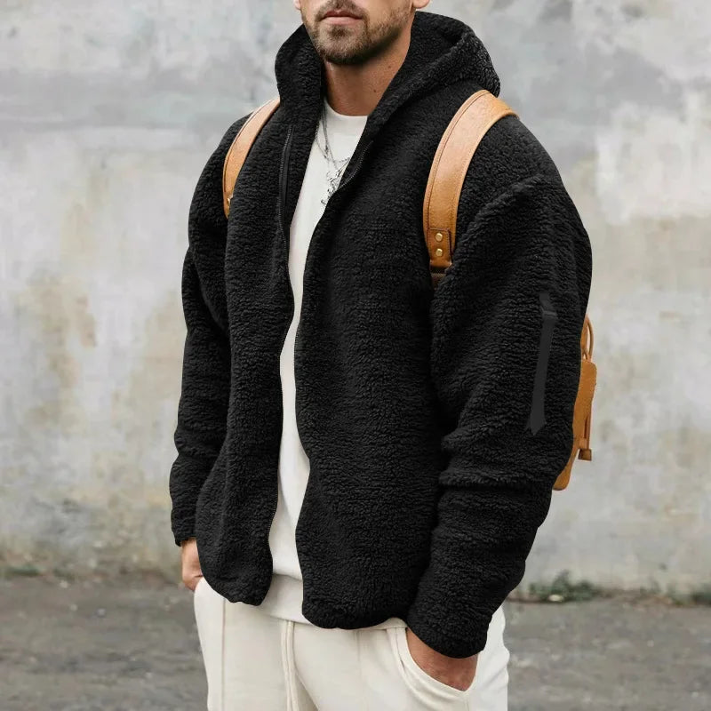 Men's textured hooded zip jacket with long sleeves and sleeve pocket
